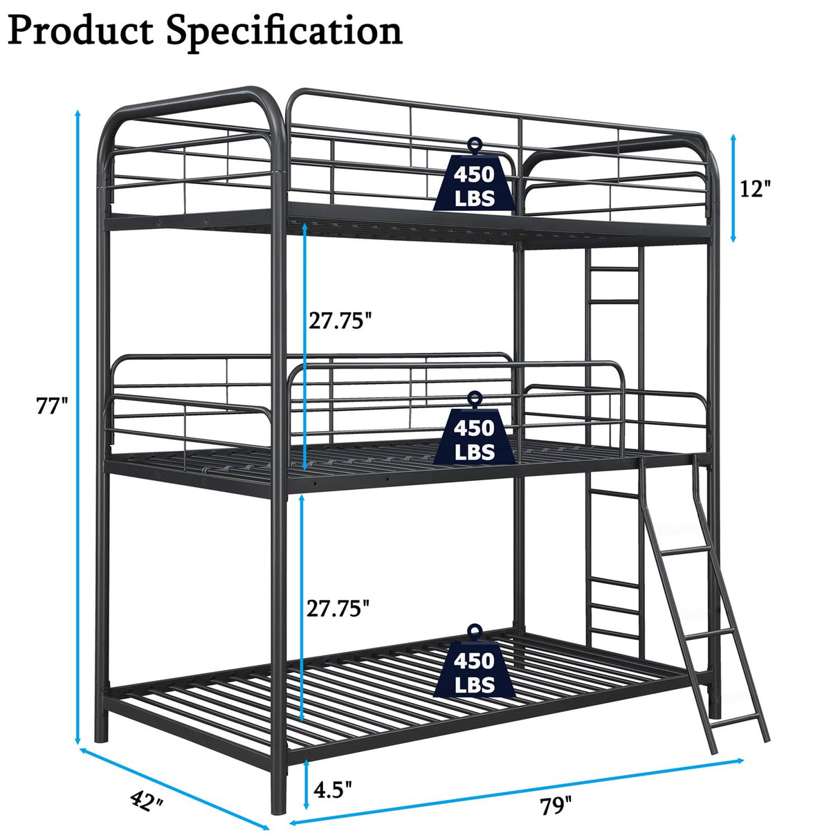Movdevy Heavy Duty Metal Triple Bunk Beds for Adults and Kids and Teens, Modern Style Twin Over Twin Over Twin Size Triple Bunk Bed with Safe Guardrail, 3 Bunk Beds Easy to Assemble (Black) Movdevy
