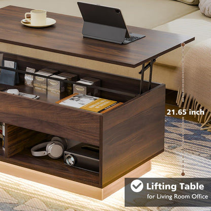 HOMMPA Modern Lift Top Coffee Table with Storage for Living Room LED Coffee Table Wodden Lift Tabletop Dining Table with Hidden Compartment and Metal Frame, Walnut - WoodArtSupply