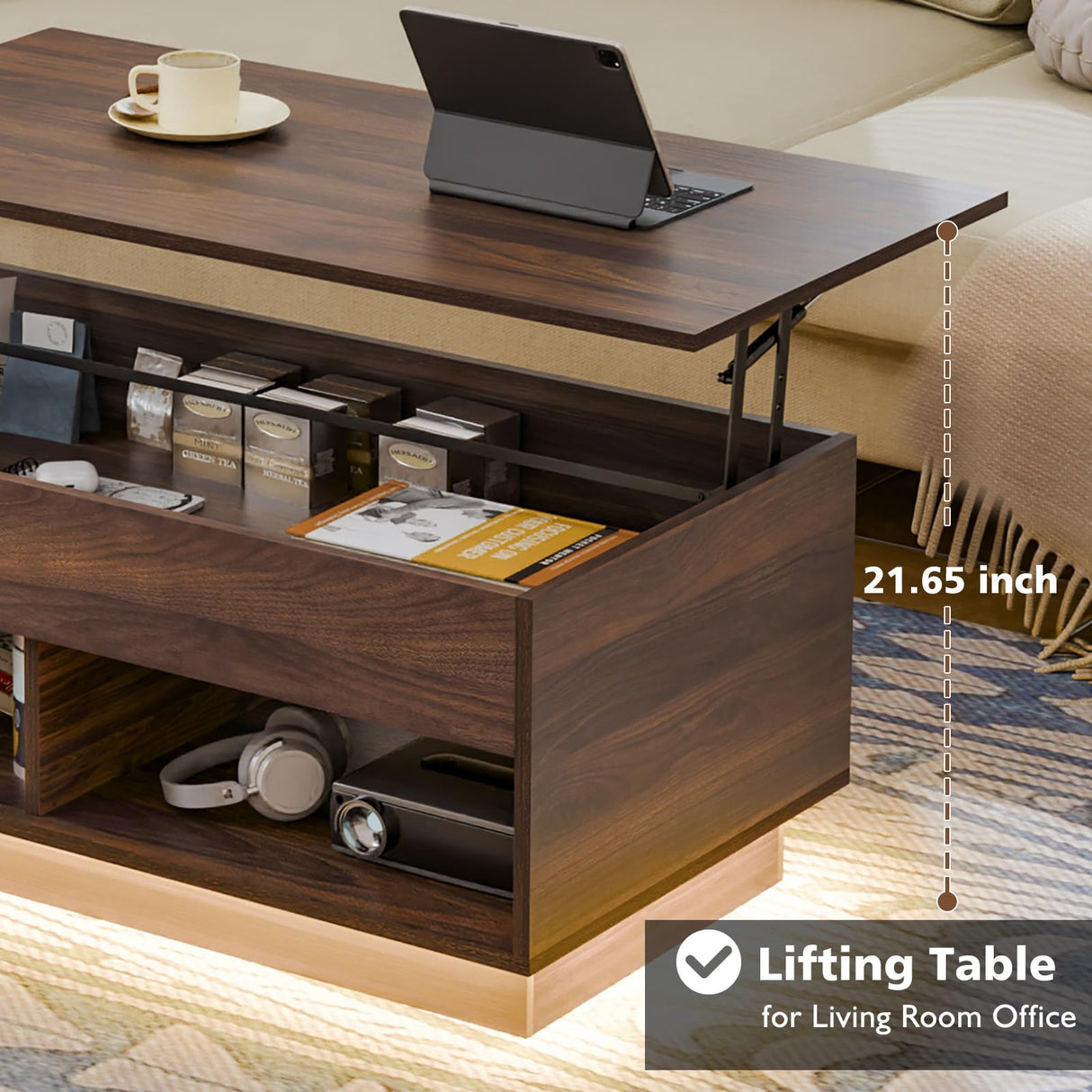 HOMMPA Lift Top Coffee Table with Hidden Storage LED Coffee Table Dark Walnut Living Room 3 Tiers Tea Table with Storage Center Tables Hidden Compartment & 2 Open Shelves HOMMPA