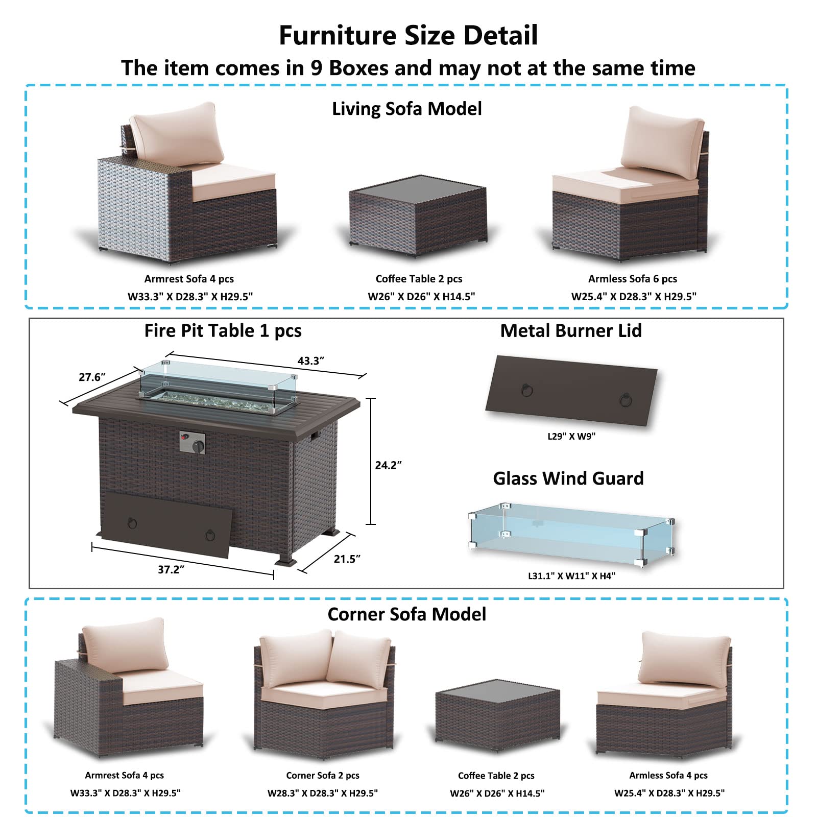 ASJMR Outdoor Patio Furniture Set with Gas Fire Pit Table, 13 Pieces Outdoor Furniture Set Patio Sectional Sofa w/43in Propane Fire Pit, PE Wicker Rattan Patio Conversation Sets (Sand) - WoodArtSupply