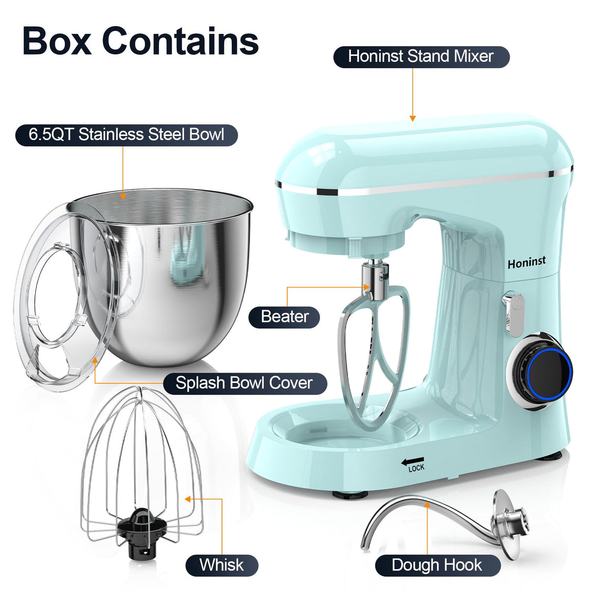 Honinst Stand Mixer, 6.5QT 10-Speed Tilt-Head Electric Stand Mixer, 3-In-1 Kitchen Mixer with Bowl, Dough Hook, Whisk and Beater, Food Mixer for Baking, Cake and Most Home Cooks, Blue Honinst