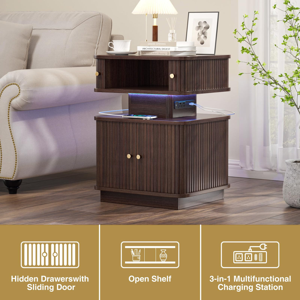 Night Stand Set of 2, LED Nightstand, Bedroom Night Stand with Charging Station, 2 Drawer Nightstand, Modern Nightstands with Curvy Edge and Sliding Door, Bedside Table for Bedroom, Walnut AKMAKM