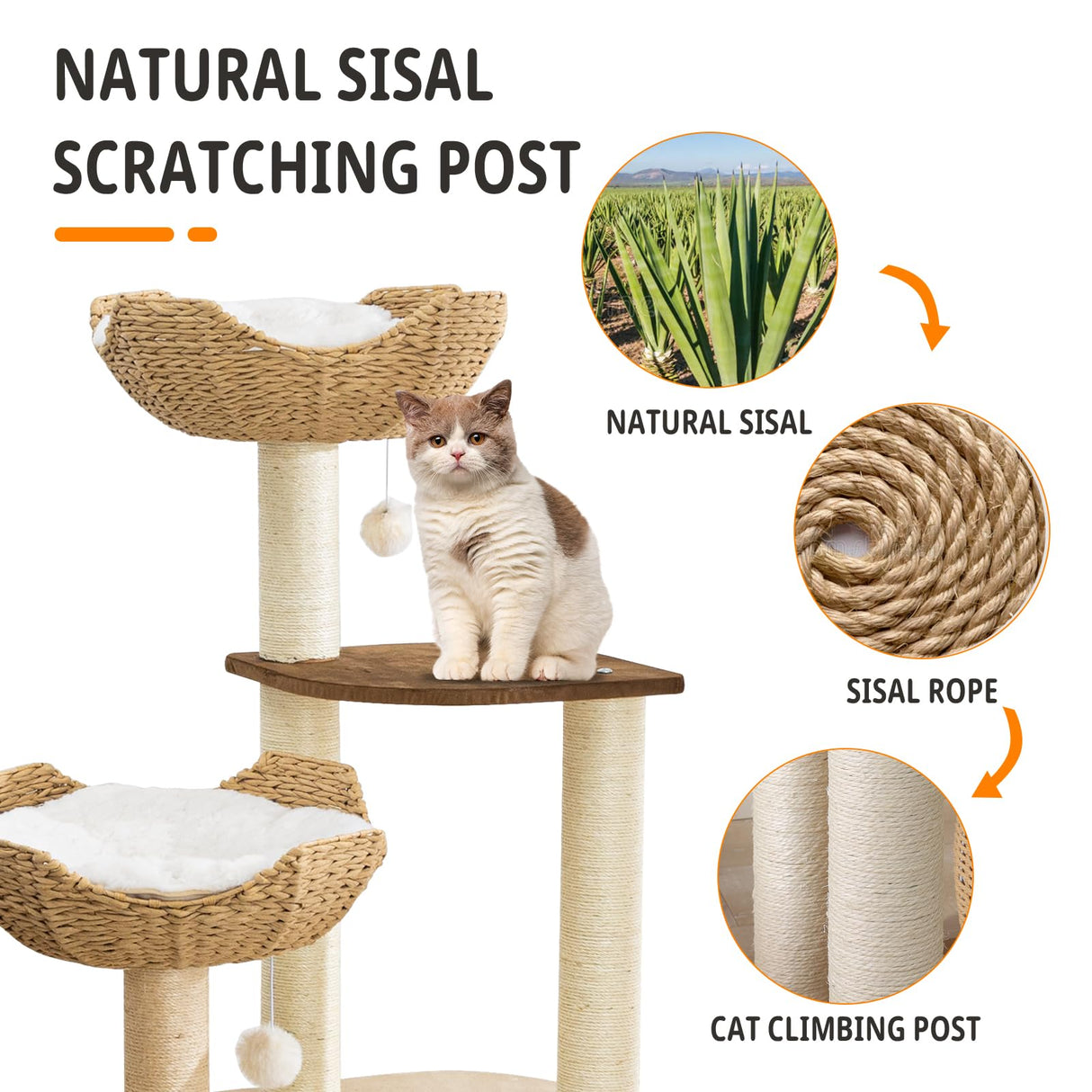 Big Modern Design Cat Tree Tower with White Cloud Mat, Unique Cat Supplies Tower with Scratching Post, Cute Wood Cat Tree Cat Furniture Activity Centre for Indoor Big Cats SHODMI