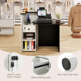 SILKYDRY Reception Desk, Small Retail Checkout Counter with Lockable Drawer and Open Shelves, Wooden Computer Workstation for Home Office Lobby, White Oval Desktop & Black Counter SILKYDRY