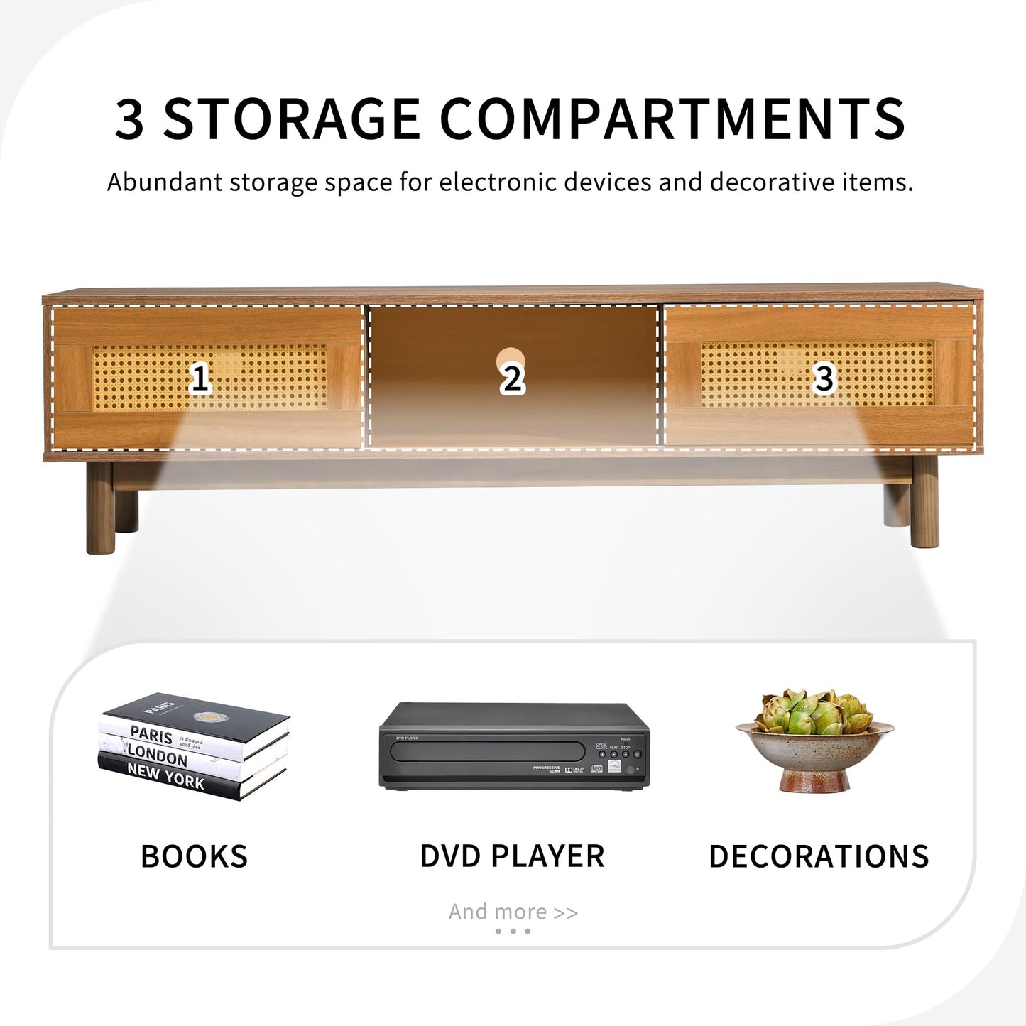 DWVO 58 Inch Rattan TV Stand, Boho Wood Entertainment Center TV Console for 65 Inch TV Mid Century Modern TV Stand with Storage, Farmhouse TV Media Console for Living Room Bedroom, Natural Oak