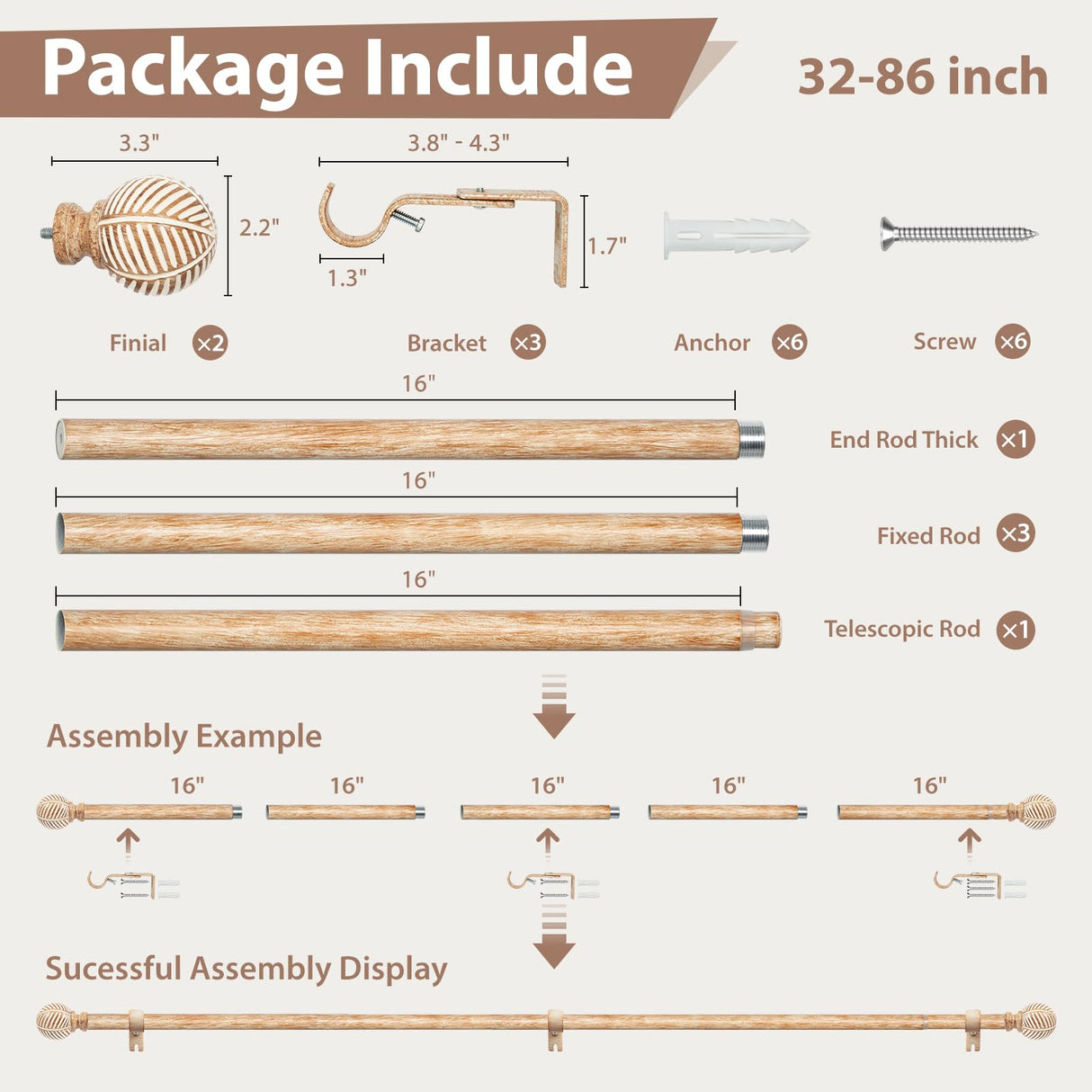 Zeerobee Wood Curtain Rods for Windows 48 to 84, 1 Inch Heavy Duty Drapery Rods with Imitation Wood Grain Leaf Pattern Finials, Indoor/Outdoor Modern Curtain Pole, 32"-86", Brown zeerobee