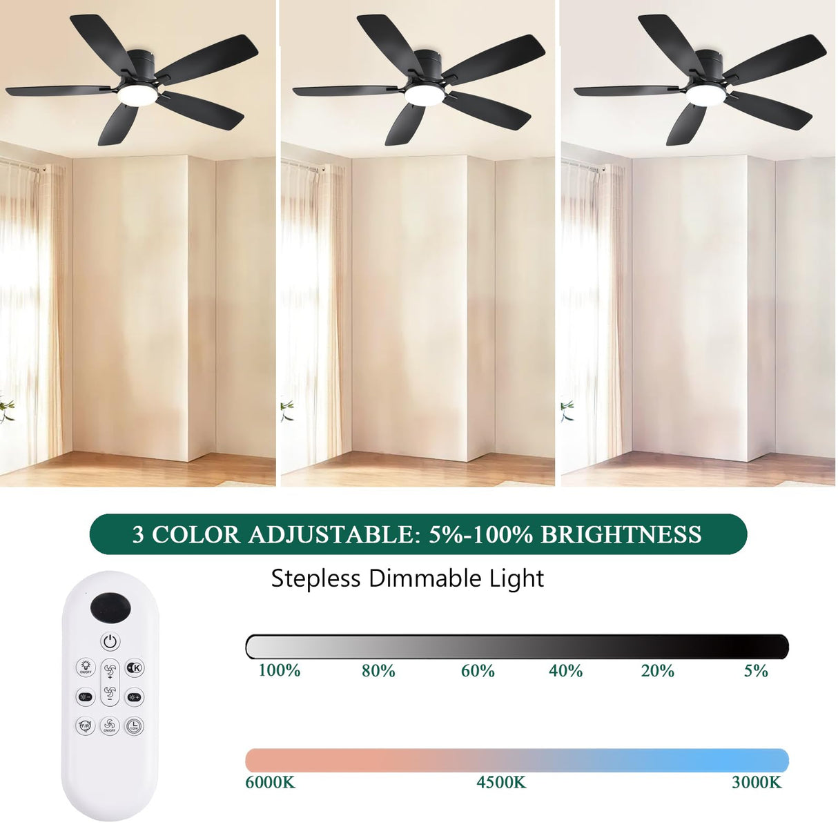 52inch Ceiling Fans with Lights, Low Profile Ceiling Fan with Light and Remote/APP Control, Flush Mount, Reversible Motor, Dimmable LED, Noiseless, Black Ceiling Fan for Bedroom Indoor Outdoor Use FUMLTP