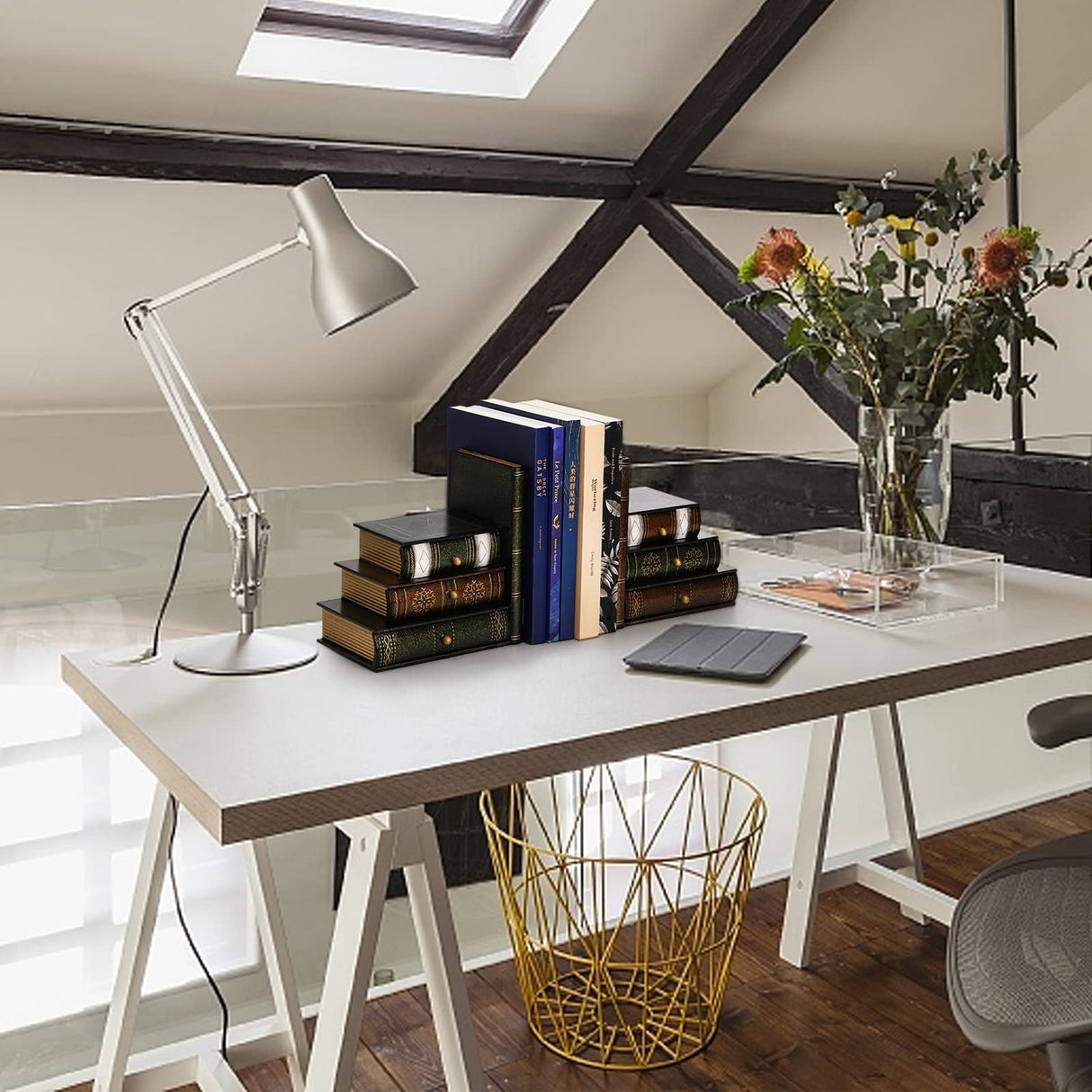 Fasmov Wood Bookends with Desktop Organizer Drawer Units, Decorative Bookends for Shelves, Office Desk Book Holder Stand, 1-Pair Fasmov