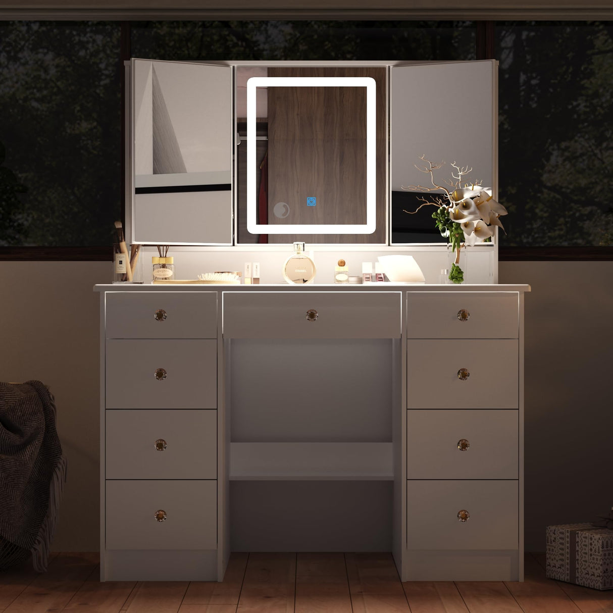 Homsee Makeup Vanity Desk with 3 Mirrors, Glass Top, Lights & Hidden Storage, Modern Dressing Table Vanity Table with Drawers, Lighting Modes & Brightness Adjustable, White Homsee