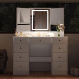 Homsee Makeup Vanity Desk with 3 Mirrors, Glass Top, Lights & Hidden Storage, Modern Dressing Table Vanity Table with Drawers, Lighting Modes & Brightness Adjustable, White Homsee