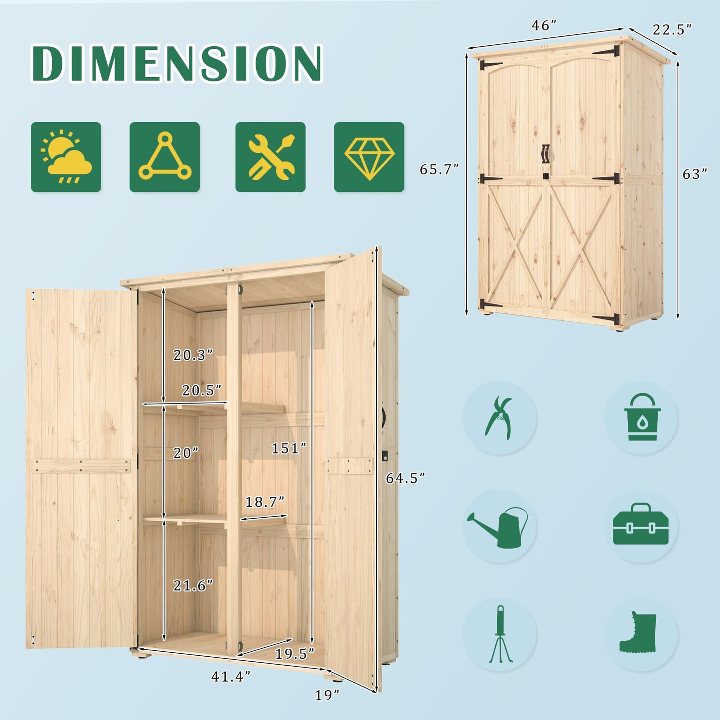 AECOJOY Outdoor Storage Shed with Waterproof Roof, Wooden Storage Cabinet Large Outdoor Shed Tool Shed with 2 Removable Shelves&Double Lockable Doors, Natural Wood