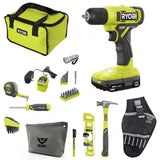 Buho Household Tool Kit Accessory Bundle - Ryobi 18V Cordless Drill Driver 1.5 Ah Battery Charger Hand Tools Drill Bits Tool Bag Holster Pouch Flashlight Buho