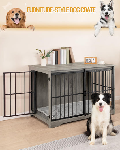 Hzuaneri Dog Crate Furniture, 44" Double Door Dog Crate with Barn Door, Dog Kennel Indoor, End Side Table Wooden Dog Crate for Small Medium Large Dog, Anti-Chew Anti-Escape, Greige - WoodArtSupply