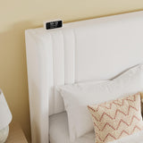 SHA CERLIN Queen Size Velvet Upholstered Platform Bed Frame with Vertical Channel Tufted Wingback Headboard, Wooden Slats Support, Easy Assembly, Under Bed Storage, No Box Spring Required, White SHA CERLIN