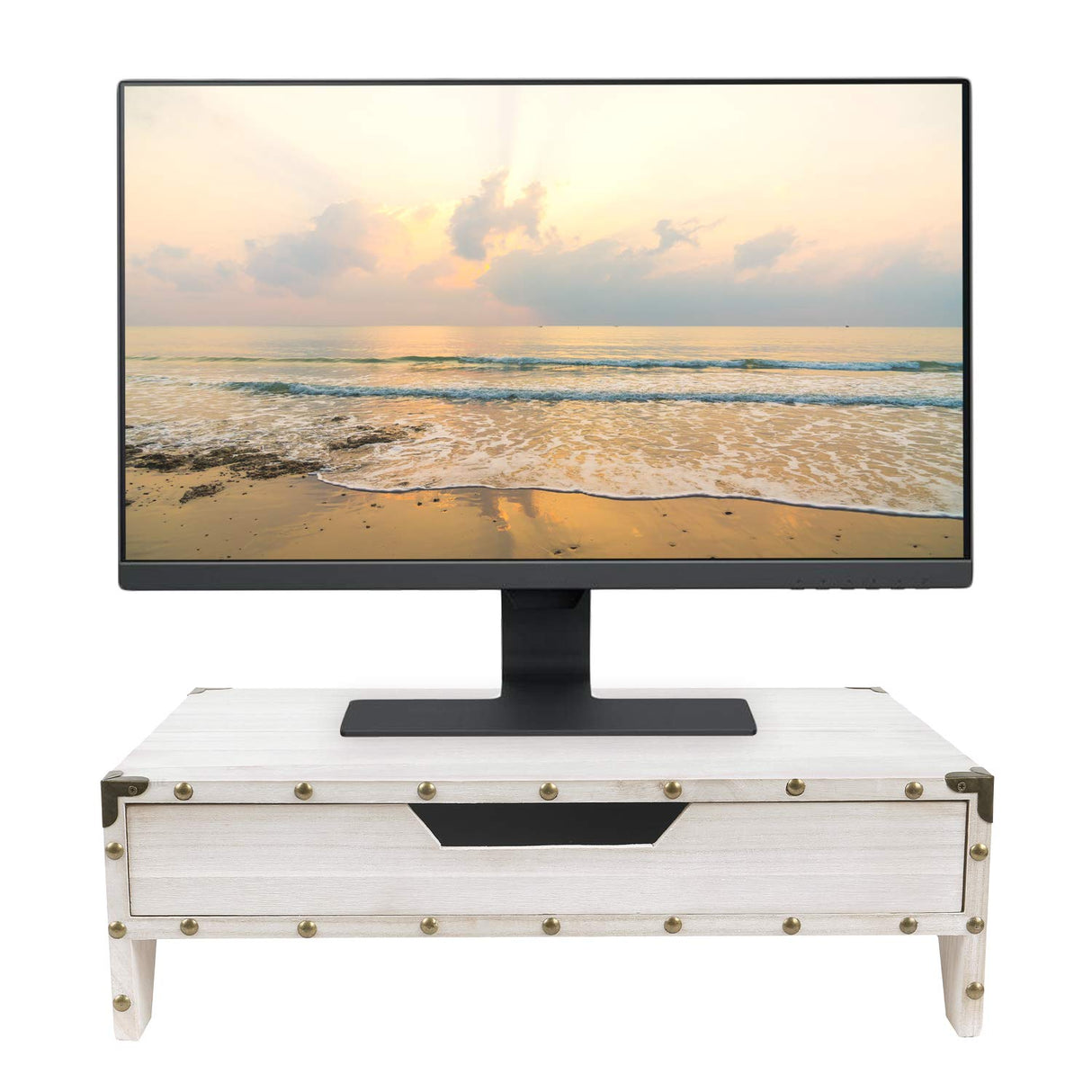 Ikee Design Wooden 2 Tier Monitor Stand with Drawer,Wood Desktop Stands for Laptop ,TV, Computer Riser,Wooden Clutter-Free Desk Stand with Storage Organizer,16 1/2 W x 10 1/4 D x 5 1/8 H in, White Ikee Design