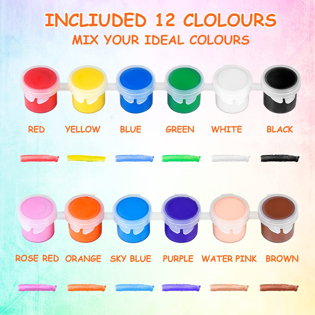 10 Pack Washable Acrylic Paint Set for Kids Arts and Crafts,140 PCS Gouache Watercolor Paint Sets of 12 Colors for Party Classroom Painting Supplies, 10 Pairs Flat and Pointed Brushes MicoSim