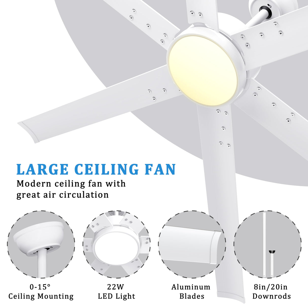 Ohniyou 72 Inch Large Industrial Ceiling Fan with Lights Remote Control, White Big Ceiling Fan with 6 Metal Blades, 6-speed Quiet DC Motor for Outdoor Patios Shop Living Room Garage Ohniyou