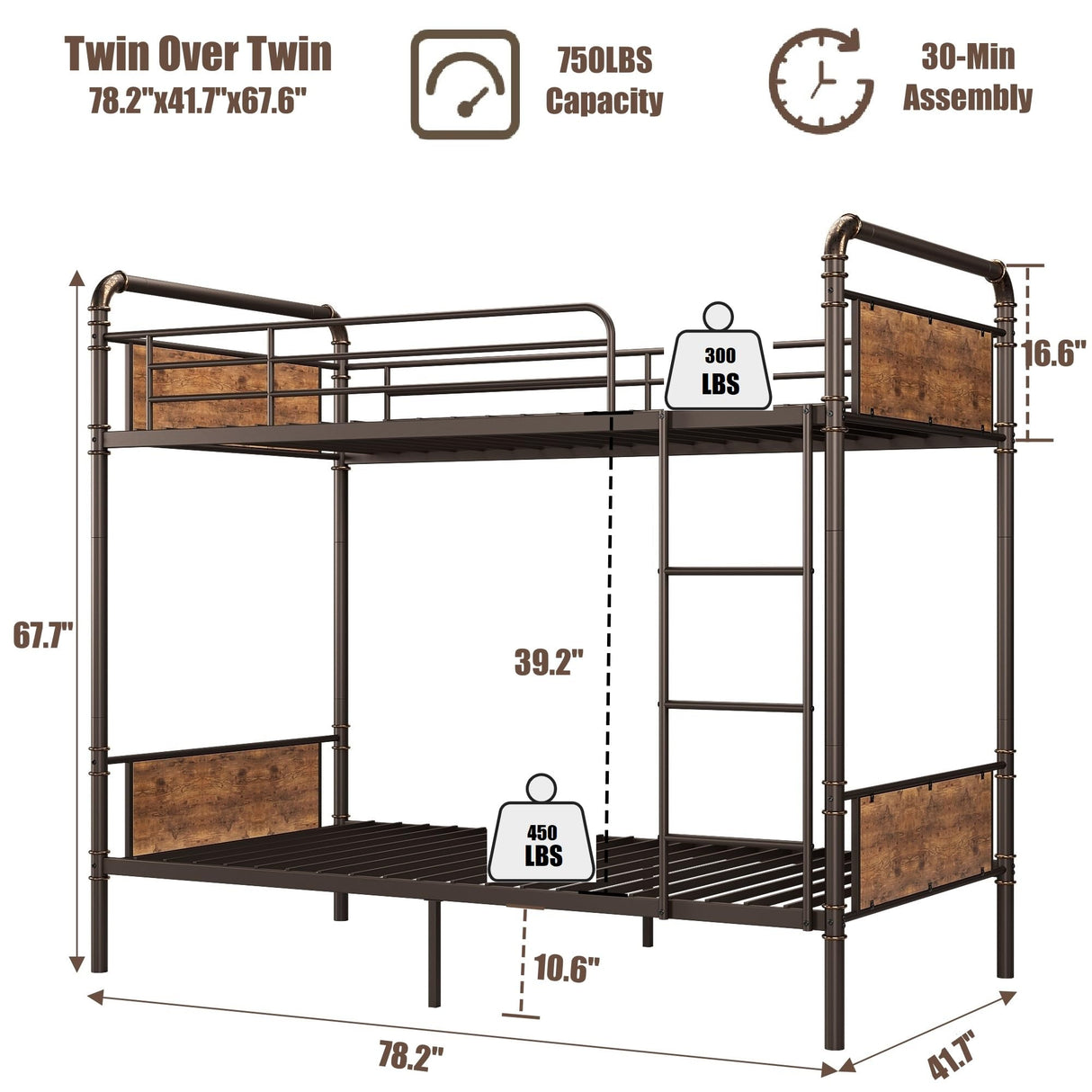 IDEALHOUSE Metal Bunk Bed Twin Over Twin, Twin Bunk Beds, Heavy Duty Twin Size Metal Bunk Bed with High Guardrail & Ladders, Convertible Bunk Beds for Kids Adults, No Box Spring Needed IDEALHOUSE