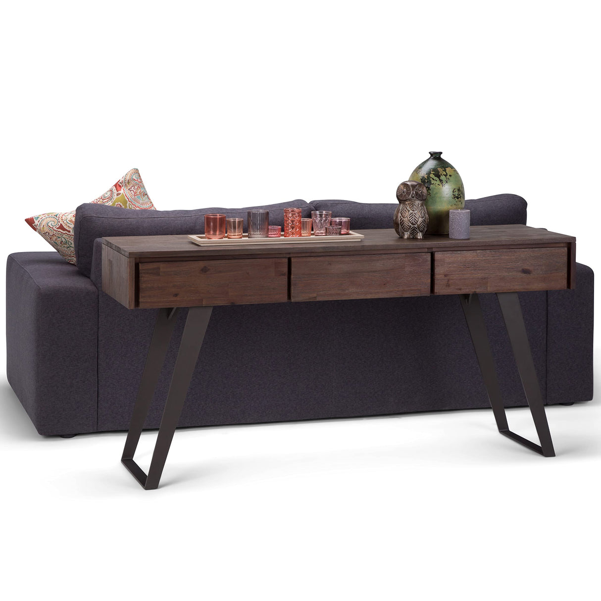 SIMPLIHOME Lowry SOLID ACACIA WOOD and Metal 60 Inch Wide Modern Industrial Console Sofa Table in Distressed Charcoal Brown, For the Living Room, Entryway and Bedroom SIMPLIHOME