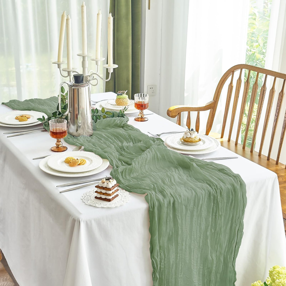 IVAPUPU 2 Pcs Cheesecloth Christmas Table Runner - 10ft Sage Green Boho Gauze Cheese Cloth Table Runners for Baby Shower Decoration Wedding Party Summer Garden Farmhouse IVAPUPU