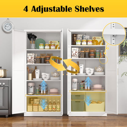 Kitchen Pantry Cabinet,71”White Metal Pantry Storage Cabinet with Doors and 4 Adjustable Shelves,Kitchen Cabinet with 2 Gold Handles,Tall Cabinet for Livingroom,Pantry, Bathroom,Kitchen - WoodArtSupply