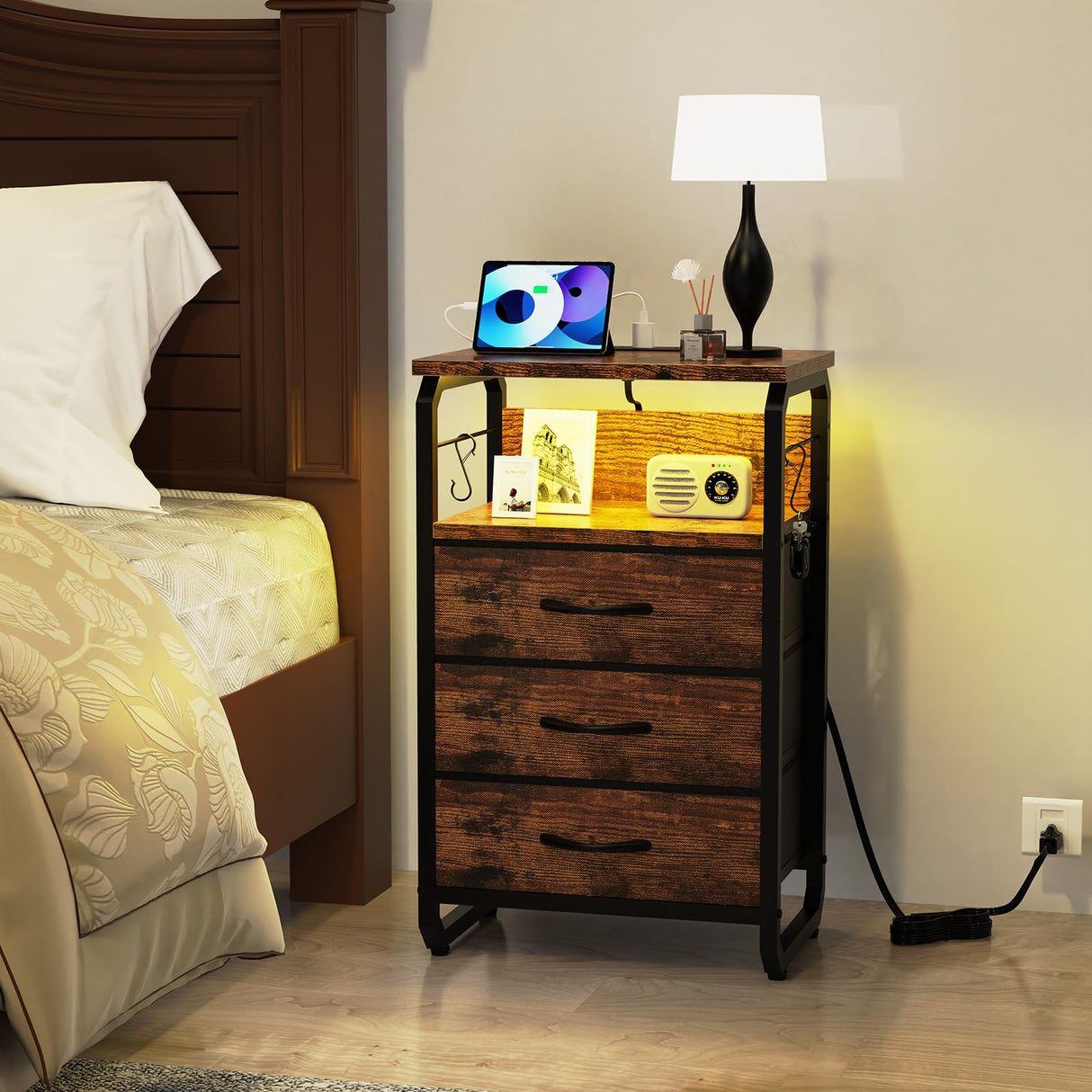 runjuly Tall Nightstand Set of 2 with Charging Station, Bed Side Tables Bedroom Set of 2, LED Night Stand Set 2, Bedside Table with Drawers, Night End Table with Storage for Bedroom, Dorm Rustic Brown runjuly