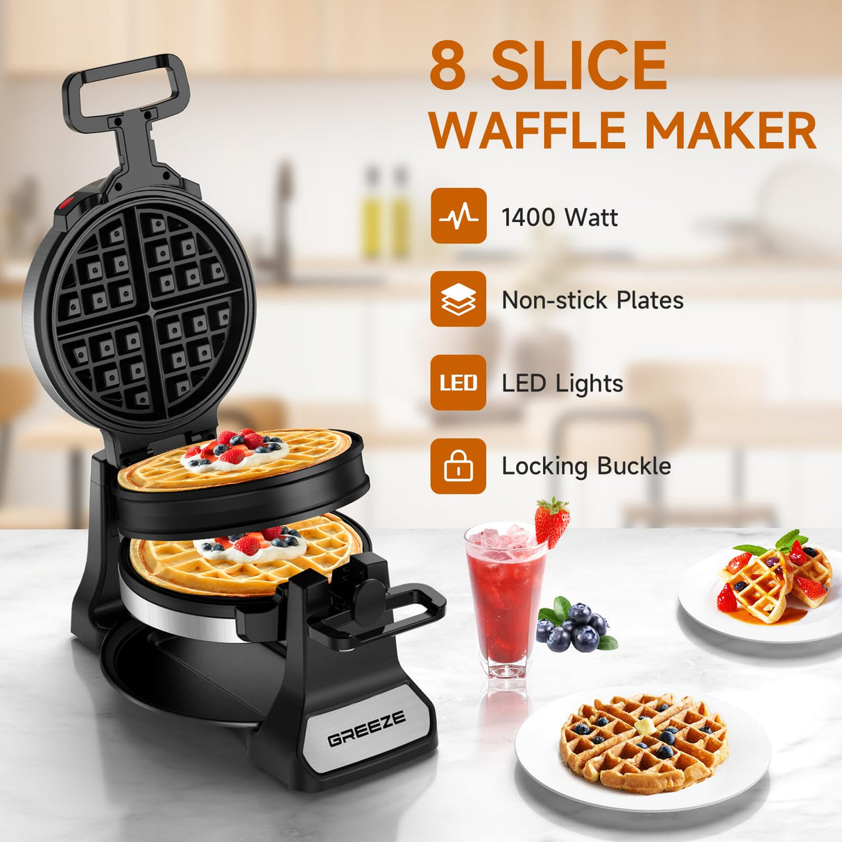 Waffle Maker, Double Belgian Waffle Maker 180°Flip, 1400W Waffle Iron 8 Slices, Rotating & Nonstick Plates with Removable Drip Tray for Easy Clean, Stainless Steel, Locking Buckle & Cool Touch Handle Greeze