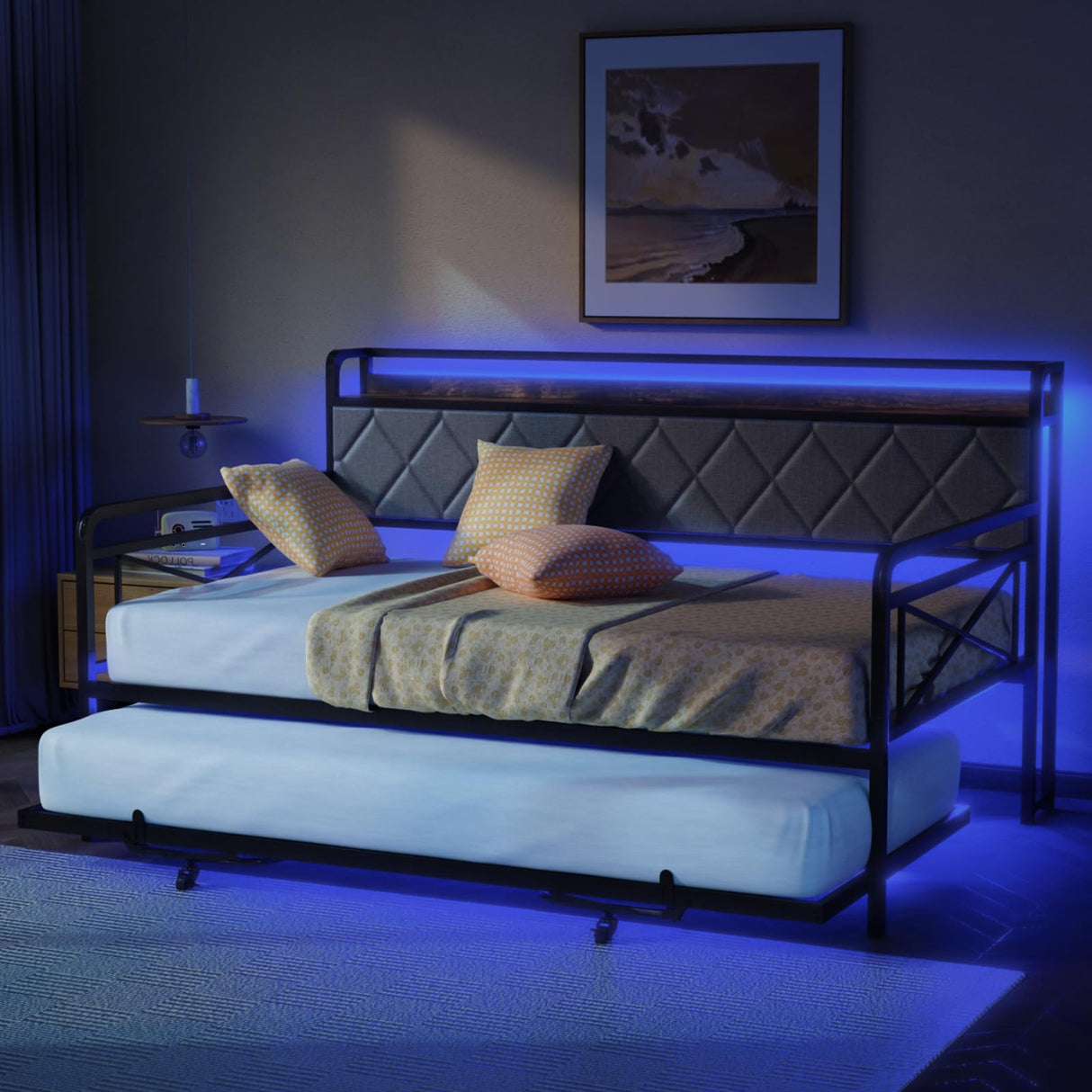 VINGLI Twin Daybed with Trundle Bed, Sofa DayBed with LED Light & Charing Station, Upholstered Bed Frame with Storage Headboard and Heavy Duty Metal Slats, for Living Room, Bedroom, Guest Room, Gray VINGLI