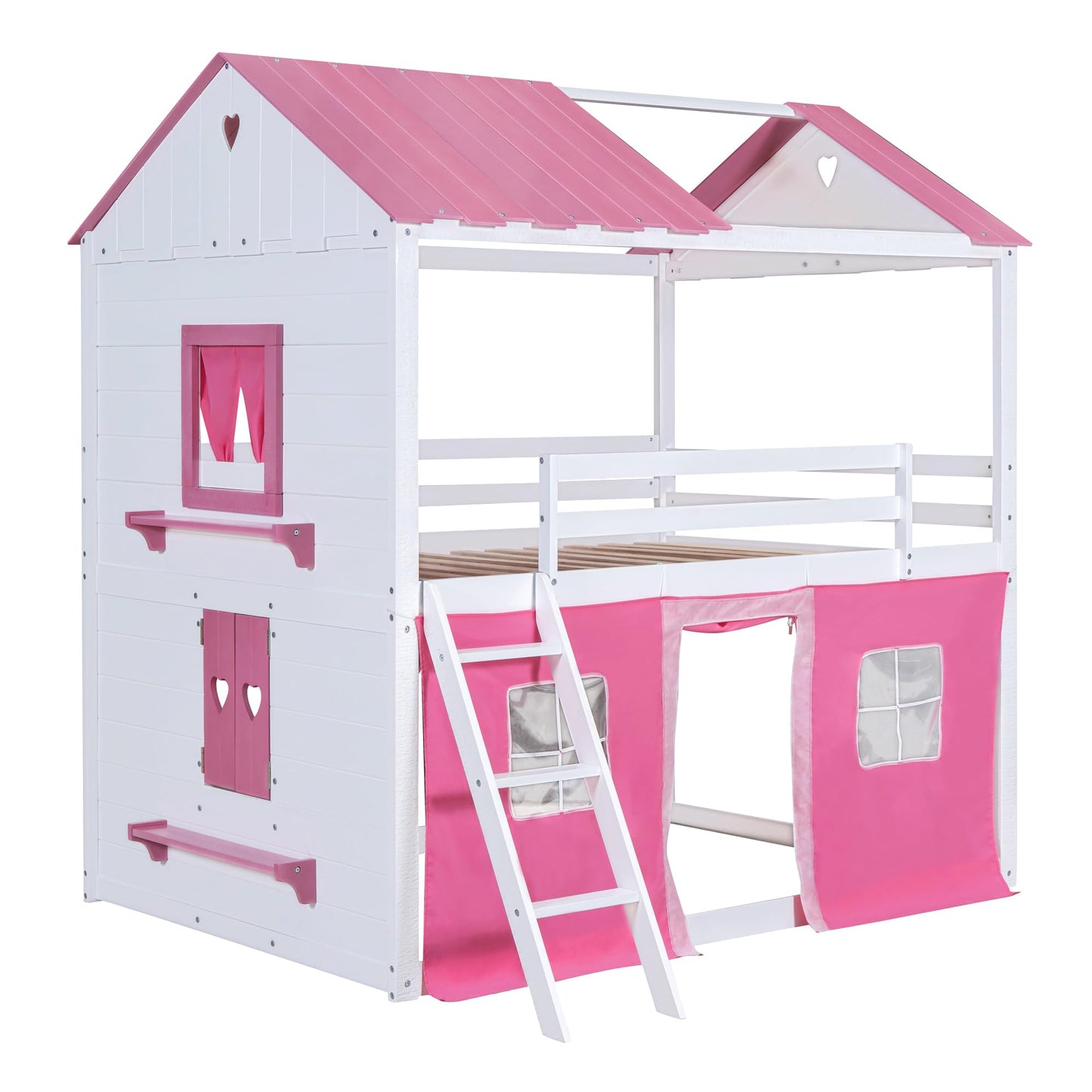 Harper & Bright Designs House Twin Loft Bunk Bed with Tent, Kids Loft Bed with Ladders,Guardrail, Windows and Roof, Wood Twin Over Twin Playhouse Bunk Bed for Kids Teens Boys & Girls (Pink & White)