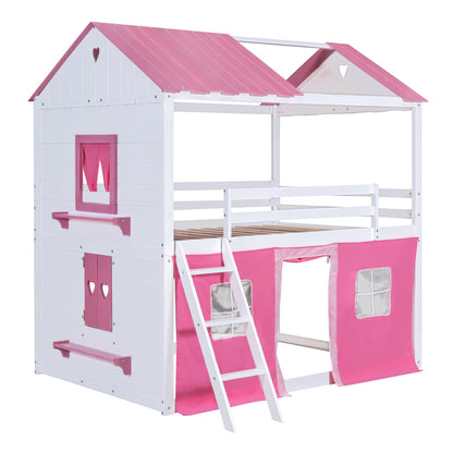 Harper & Bright Designs House Twin Loft Bunk Bed with Tent, Kids Loft Bed with Ladders,Guardrail, Windows and Roof, Wood Twin Over Twin Playhouse Bunk Bed for Kids Teens Boys & Girls (Pink & White)