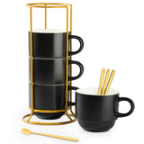 YHOSSEUN Porcelain Stackable Coffee Mug Set With Rack, Demitasse Cups with Espresso Spoons, 11 Oz For Coffee Drinks, Latte, Macchiato, Cafe Mocha Set of 4,Black YHOSSEUN