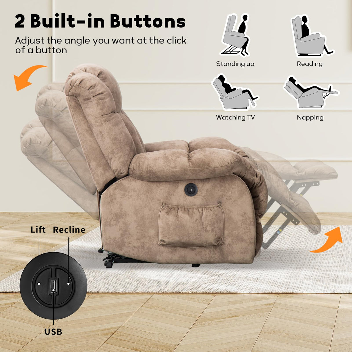 CANMOV Power Lift Recliner Chair for Elderly, Heavy Duty and Safety Motion Reclining Mechanism-Antiskid Fabric Sofa Living Room Chair with Overstuffed Design, Light Tan CANMOV