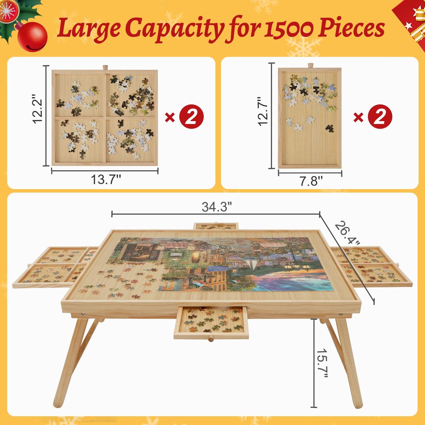 YKHALLYBEE Puzzle Table 1500 Pieces Wooden Jigsaw Puzzle Board with Legs, 34.3”x 26.5” Puzzle Board with 4 Drawers and Cover, Foldable Leg Puzzle Table for Adults Natural