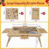 YKHALLYBEE Puzzle Table 1500 Pieces Wooden Jigsaw Puzzle Board with Legs, 34.3”x 26.5” Puzzle Board with 4 Drawers and Cover, Foldable Leg Puzzle Table for Adults Natural HALLYBEE