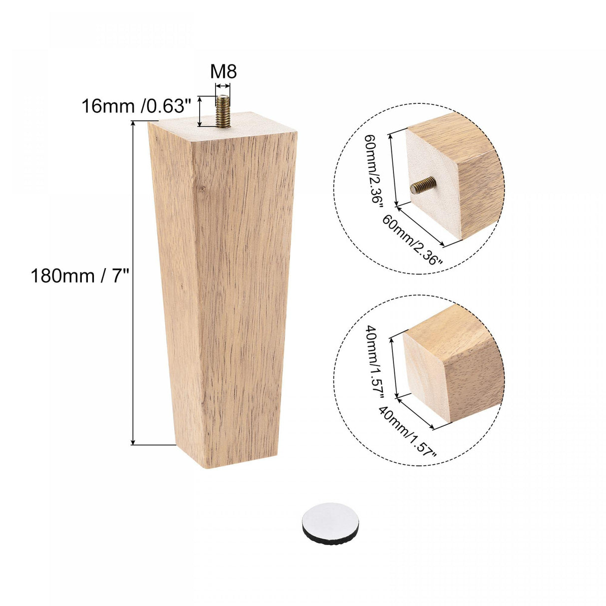 uxcell Furniture Legs, 7 Inch(180mm) Set of 4 Square Solid Wood Couch Legs Feet Chair Table Feet Sofa Support Replacement Parts, Light Brown uxcell