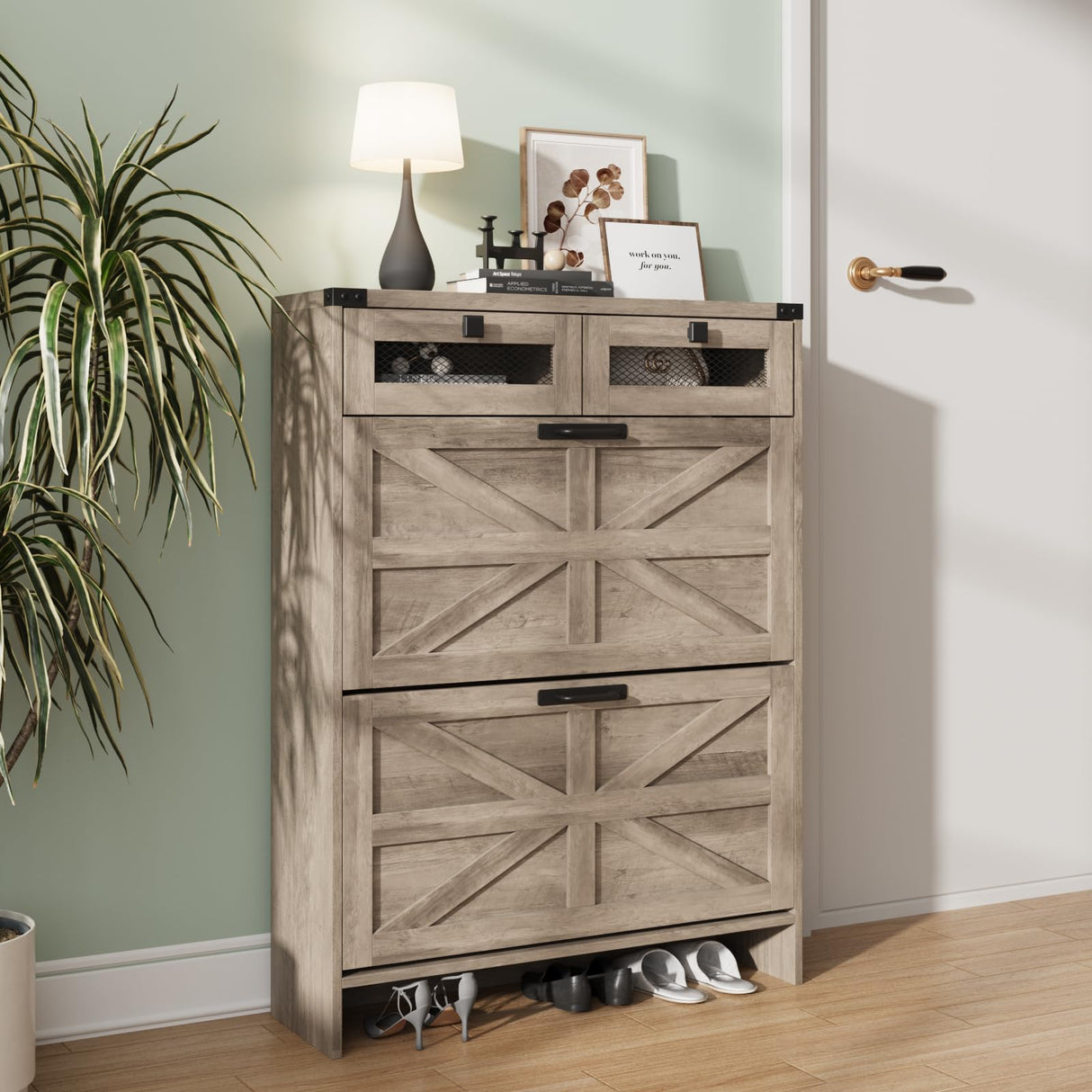 Halitaa Shoe Cabinet with 2 Flip Drawers& 2 Drawers,Farmhouse Shoe Storage Cabinet for entryway,Narrow Freestanding Shoe Rack Cabinet for Entrance,Grey Halitaa