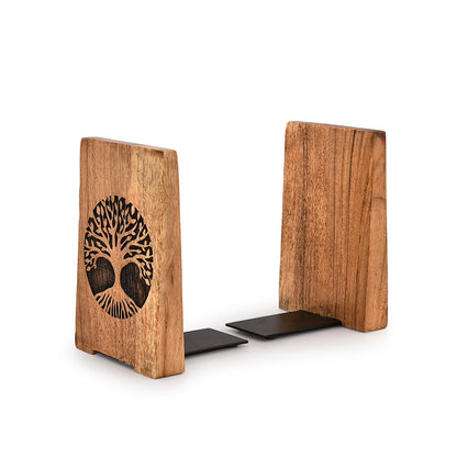 NIRMAN Office Bookends Iron & Acacia Wood Tree of Life Office Bookends for Shelves or Bookcase Heavy Bookends, Home Décor Gift (4" X 4" X 6"), (Set of 2)