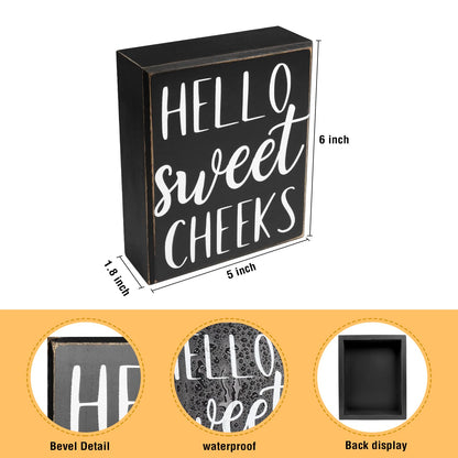 Pigort Hello Sweet Cheeks Sign - Bathroom Decor Modern Farmhouse Home Accent - Rustic Black Wood Shelf Plaque Box Sign for Women, Family, Friend 5X6X1.8 INCH