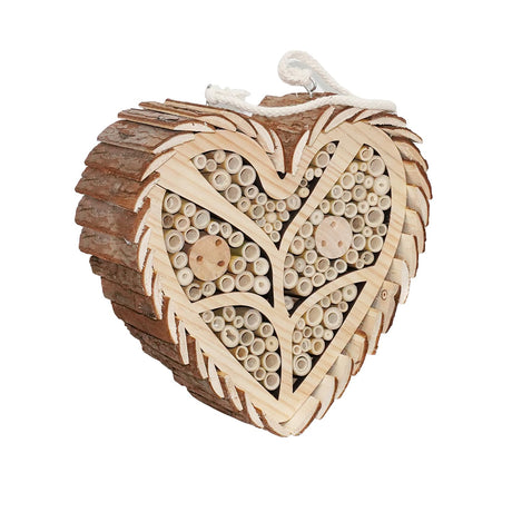 Execabe Mason Bee House, Heart-Shaped Wooden Bee House with Bamboo Tubes, Nesting Aid for Wild Bees, Natural Hanging Habitat for Pollinators, Increases Productivity in Your Garden Execabe