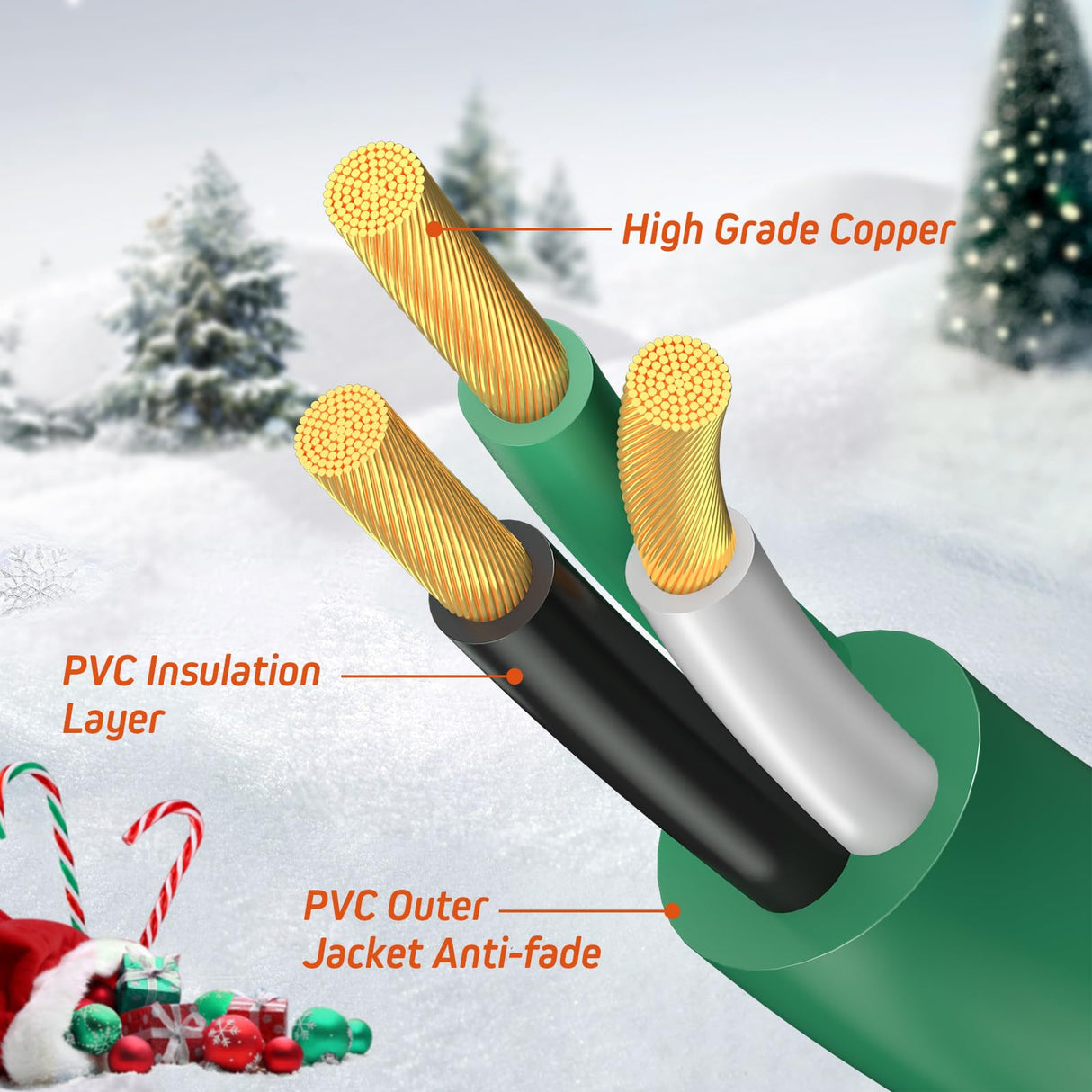 Eversimpleinc 1 to 4 Splitter Extension Cord (Combined 68 FT, End to End 50 FT), 3 Prong Plug with 4 Outlets with Weatherproof Covers for Indoor and Outdoor Holiday Christmas Decroations Eversimpleinc