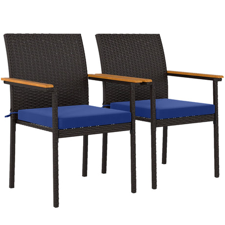 Outsunny Wicker Outdoor Dining Chairs Set of 2, Stackable PE Rattan Patio Dining Chairs with Cushions and Acacia Wood Armrests for Deck, Garden, 353 LBS Capacity, Navy Blue Outsunny