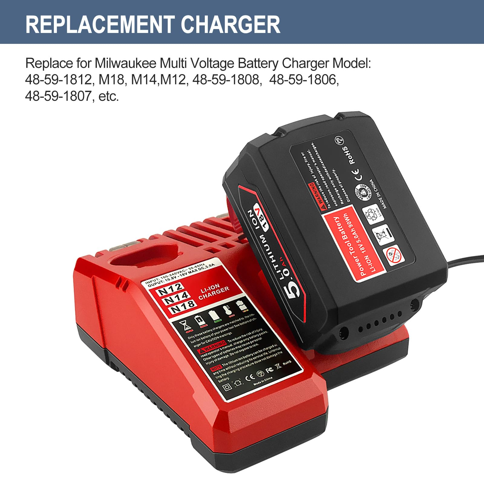 GOOALITY 5.0Ah 18V Lithium Battery and Charger Compatible with Milwaukee 18V 48-11-1852 48-11-1850 48-11-1862 48-11-1865 M18 Batteries - WoodArtSupply