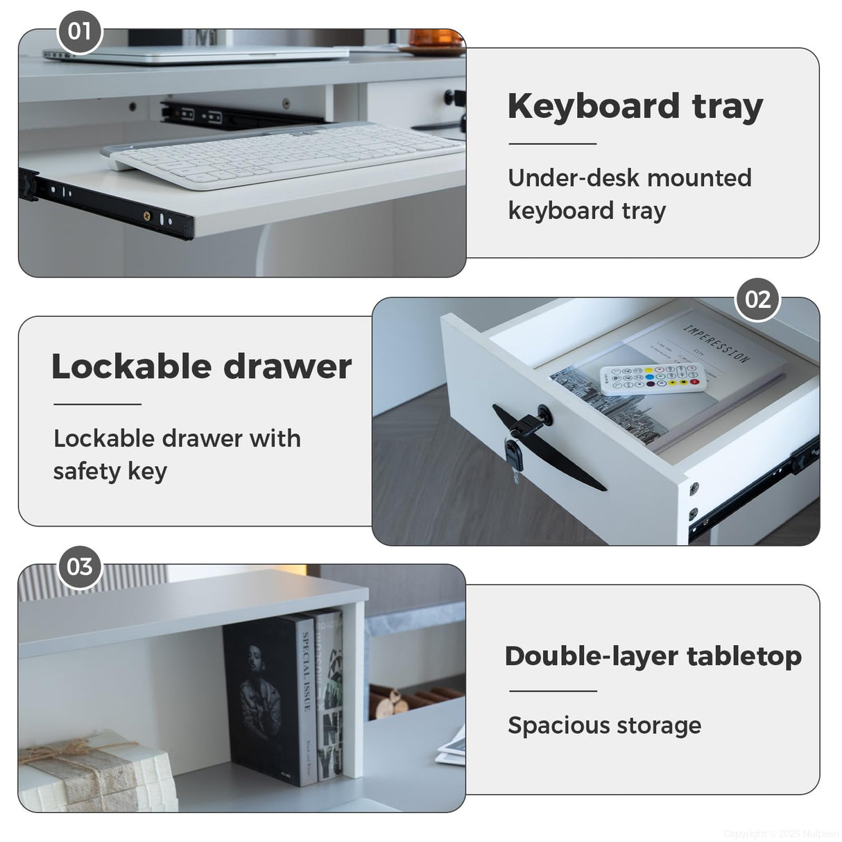 Nuipesn L Shape Reception Desk with Counter, Modern Front Desk Reception Counter with Keyboard Tray, Lockable Drawer and Storage Shelves for Office, Retail, Salon(White+Gray/Left, 63" L*24" W*39" H) Nuipesn