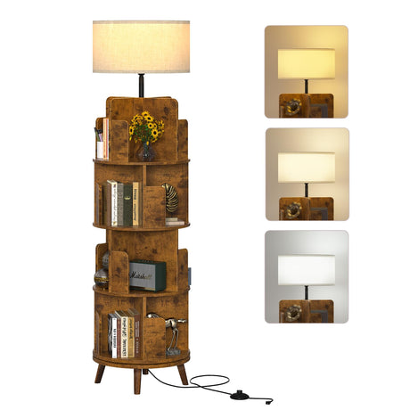 TVU 4Tire Rotating Bookshelf with Light, 360 Degree Spinning Book Shelf Tower, 4-Tier Circular Bookcase for Small Spaces, Fits Any Corner, for Study、Living Room、Bedroom、Office, Flame Finish TVU