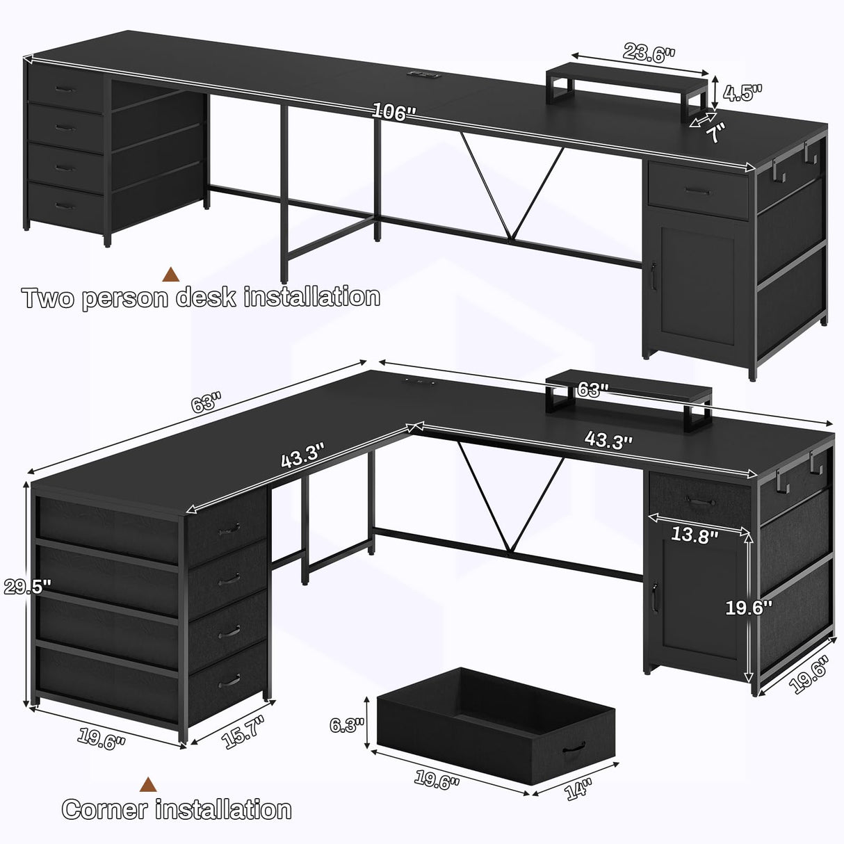 SEDETA L Shaped Desk, 63" Computer Desk with 5 Drawer & Power Outlet,Long Home Office Desk or Corner Desk, L Shaped Corner Desk with Monitor Shelf, Storage Cabinet, Black SEDETA