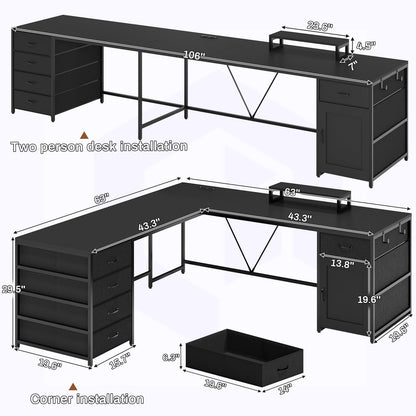 SEDETA L Shaped Desk, 63" Computer Desk with 5 Drawer & Power Outlet,Long Home Office Desk or Corner Desk, L Shaped Corner Desk with Monitor Shelf, Storage Cabinet, Black - WoodArtSupply