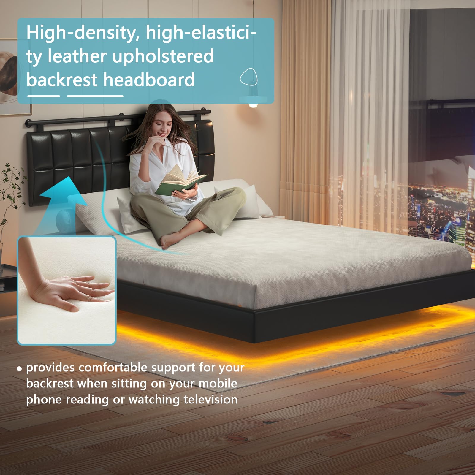 DYHOME Floating Queen Bed Frame with USB Charging Station & LED Lights - WoodArtSupply