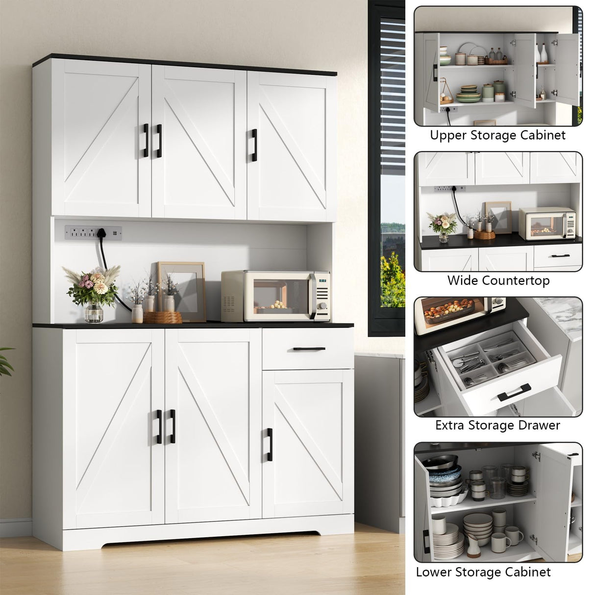 71’’ Farmhouse Kitchen Pantry Cabinet, Tall Kitchen Storage Cabinet with Power Outlet, Freestanding Kitchen Hutch Cabinet with Drawer, 4 Adjustable Shelf & 6 Doors for Kitchen Living Room (White) Gyfimoie