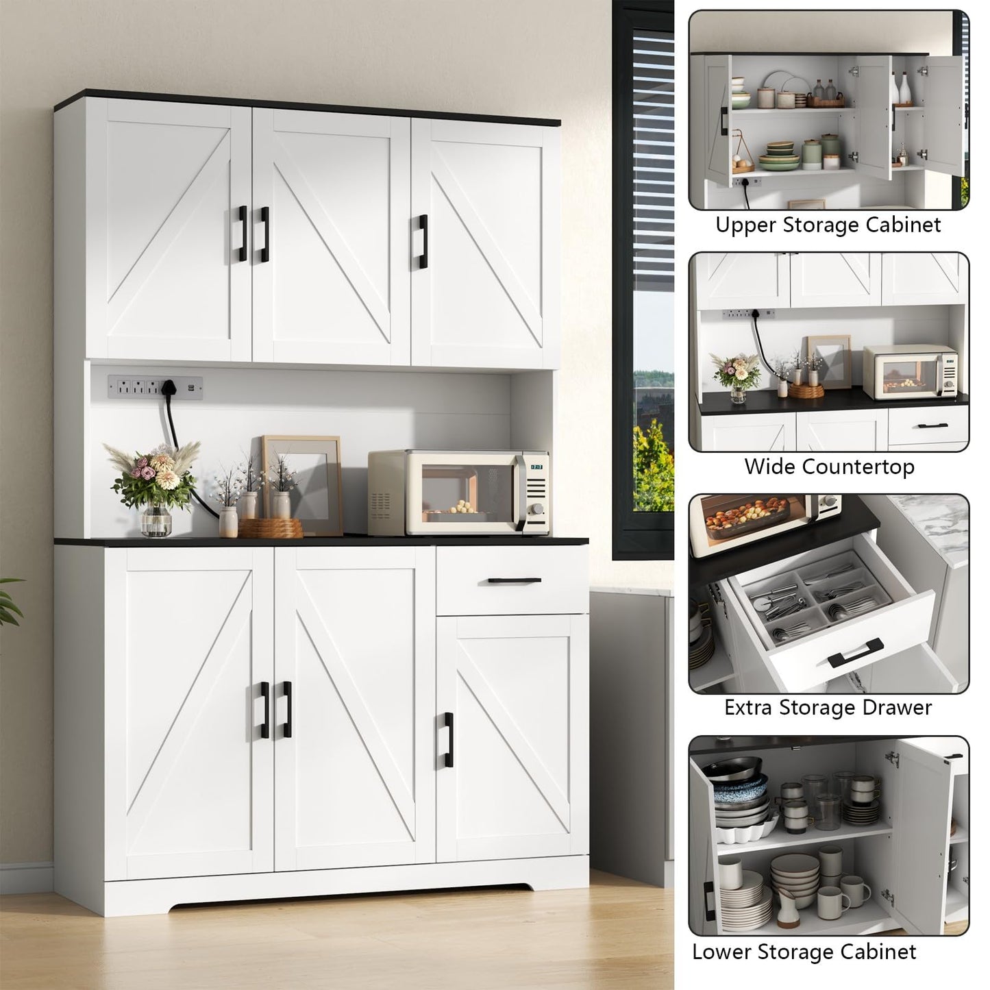 71’’ Farmhouse Kitchen Pantry Cabinet, Tall Kitchen Storage Cabinet with Power Outlet, Freestanding Kitchen Hutch Cabinet with Drawer, 4 Adjustable Shelf & 6 Doors for Kitchen Living Room (White)