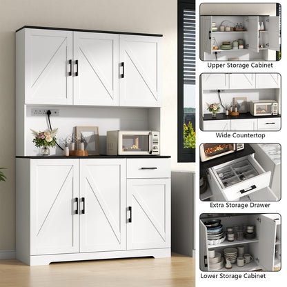 71’’ Farmhouse Kitchen Pantry Cabinet, Tall Kitchen Storage Cabinet with Power Outlet, Freestanding Kitchen Hutch Cabinet with Drawer, 4 Adjustable Shelf & 6 Doors for Kitchen Living Room (White)